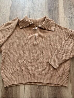 Aerie Quarter-Zip Knit Sweater in Camel size medium